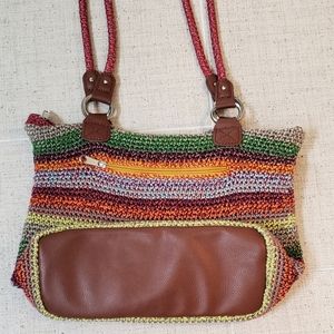 The Sak Crochet Shoulder Bag, Multi Earthy Colors, Faux Leather Bottom, EUC
